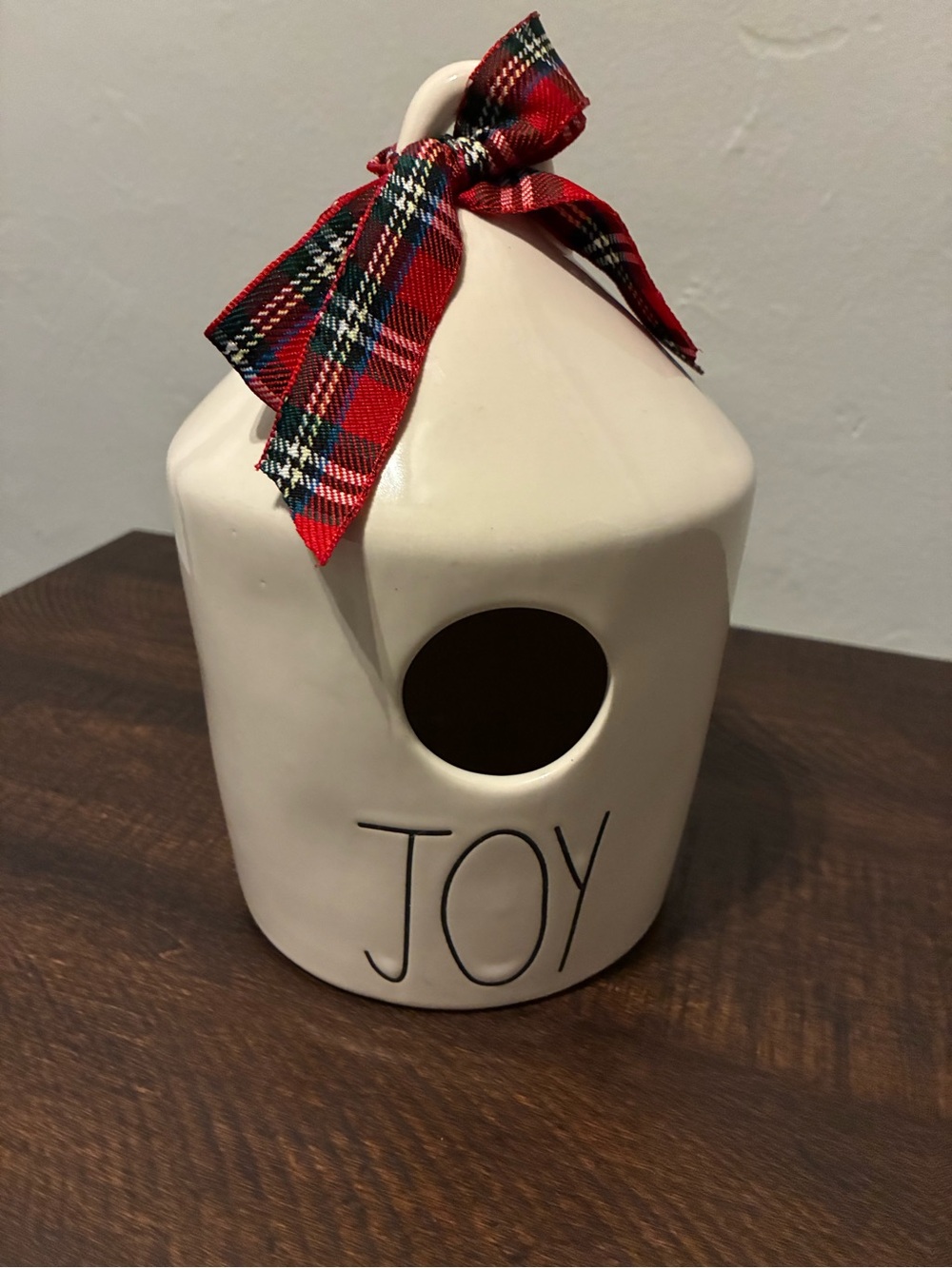 Rae Dunn Cream Ceramic 'JOY' Birdhouse with Red Plaid Bow